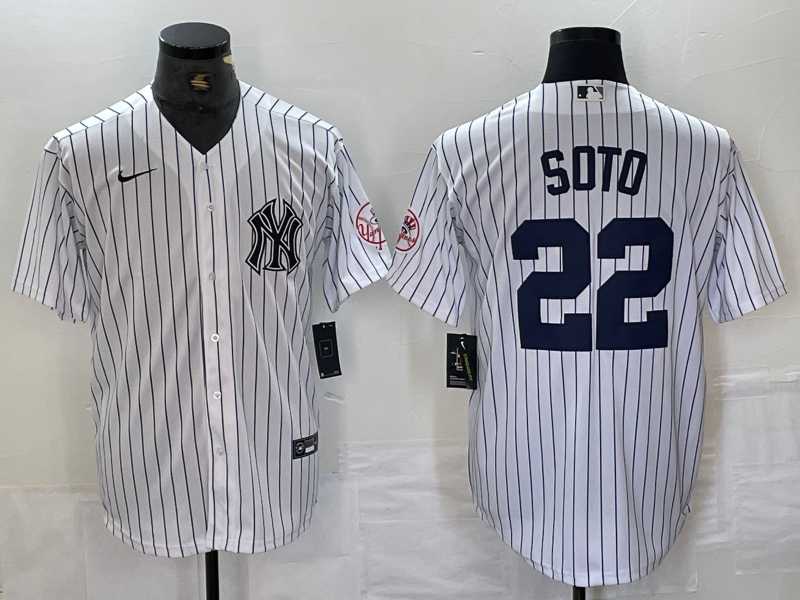 Mens New York Yankees #22 Juan Soto Name White With Patch 2024 Cool Base Stitched Jersey